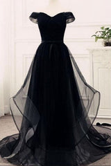 Flowy Tulle Off Shoulders Tulle Black Prom Dresses