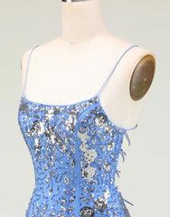 Glitter Blue Spaghetti Straps Beaded Sequins Short Tight Homecoming Dress