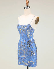 Glitter Blue Spaghetti Straps Beaded Sequins Short Tight Homecoming Dress