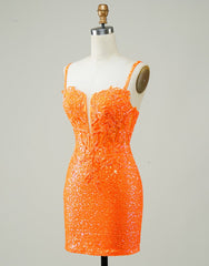 Glitter Orange Spaghetti Straps Orange Tight Sequined Homecoming Dress