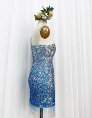 Gorgeous Sparkly Sequin One Shoulder Tight Homecoming Dress With Fringe