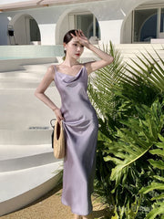 Spaghetti Strap Cowl Neck Plain Open Back Satin Midi A-Line Prom Dress