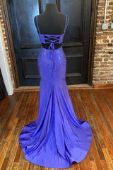 Mermaid Purple Satin Sequins Long Prom Dresses With Side Slit