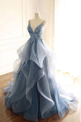 tulle long prom Dresses with spaghetti straps and ruffled floor length skirt