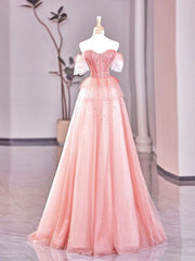 Fairy A line Strapless Tulle Long Pink Prom Dresses