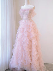 A line Off The Shoulder Tulle Pink Tiered Prom Dresses Evening Dresses