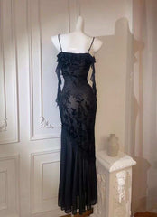 Chic Sheath Spaghetti Straps Black Evening Dresses Long Prom Dresses