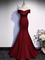 Sexy Mermaid Long Red Satin Prom Dresses With Bowknot Long Prom Dresses