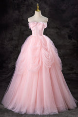 Pink Tulle Gorgeous Strapless Long Prom Dresses, Long Pink Formal Evening Dresses, Pink Ball Gown