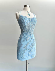 Pretty Blue Spaghetti Straps Short Tight Homecoming Dresses With Appliques