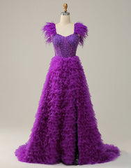 Purple A-Line Ruffle Glitter Long Prom Dress With Split