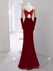 Mermaid Straps Sequin Red Backless Long Prom Dresses