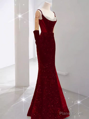 Mermaid Straps Sequin Red Backless Long Prom Dresses