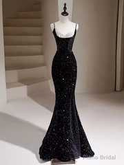 Mermaid Straps Long Black Sequin Prom Dresses