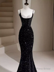 Mermaid Straps Long Black Sequin Prom Dresses