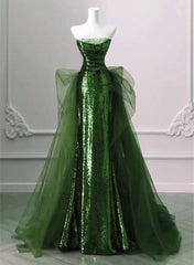 A-line Green Sequins and Tulle Long Prom Dresses Green Evening Dresses Formal Dresses