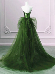 A-line Green Sequins and Tulle Long Prom Dresses Green Evening Dresses Formal Dresses