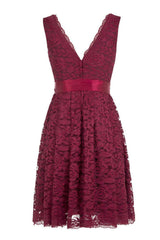 Short V Neck Burgundy Lace Bridesmaid Dress with Sash