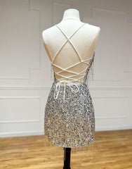 Silver V-Neck Glitter Sequin Homecoming Dress With Tassel