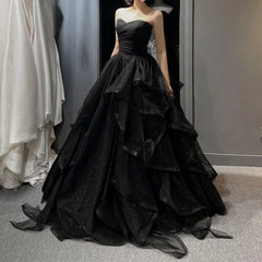 Black Elegant Party Prom Dresses Strapless Tiered Draped Ball Gown Formal Dress Women Robe