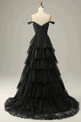 Sparkly Black Off The Shoulder Long Tiered Corset Prom Dress With Sequin