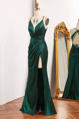 Dark Green Mermaid Spaghetti Straps Keyhole Long Prom Dress With Slit