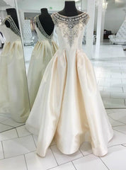 A-Line Bateau Backless Ivory Satin Beading Long Prom Dress