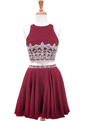 A-line Beaded Crystals Burgundy Chiffon Two Piece Homecoming Dress