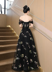 A-line Black Floral Tulle Floor Length Prom Dresses, Off the Shoulder Evening Party Dresses