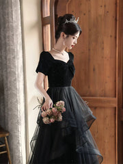 A-line Black Layers Short Sleeves Prom Dresses, Black Velvet and Tulle Party Dresses