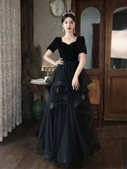 A-line Black Layers Short Sleeves Prom Dresses, Black Velvet and Tulle Party Dresses