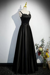 A-line Black Satin Straps Long Formal Dresses, Black Simple Prom Dresses