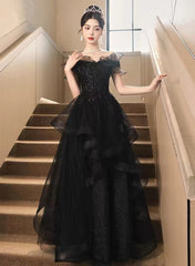 A-line Black Tulle and Lace Off Shoulder Party Dresses, Black Long Formal Dresses