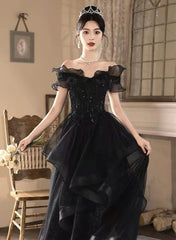 A-line Black Tulle and Lace Off Shoulder Party Dresses, Black Long Formal Dresses