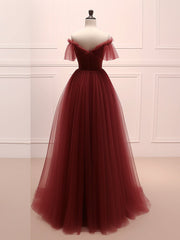 A-Line Burgundy Tulle Long Prom Dresses, Burgundy Long Evening Dresses