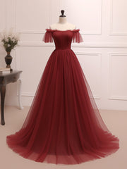 A-Line Burgundy Tulle Long Prom Dresses, Burgundy Long Evening Dresses