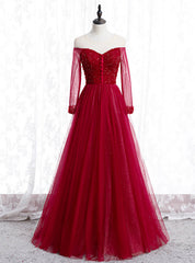 A-Line Burgundy Tulle Long Sleeve Backless Prom Dresses With Beading