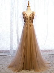 A-Line Champagne Tulle V-neck Backless Appliques Prom Dresses