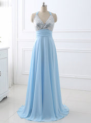 A-Line Evening Dress Sexy Sleeveless Deep V Neck Open Back Sweep