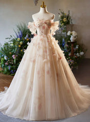 A-line Floral  Champagne Tulle Long Prom Dresses, Elegant A-Line Formal Evening Dresses