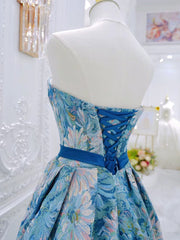 A-Line Flower Satin Blue Long Prom Dress, Blue Long Formal Dress