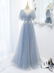 A-Line Gray Tulle Pearls V-neck Prom Dresses