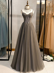 A-Line Gray Tulle Spagehtti Straps Beading Prom Dresses