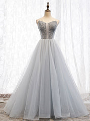 A-Line Gray Tulle Sweetheart Beading Prom Dresses