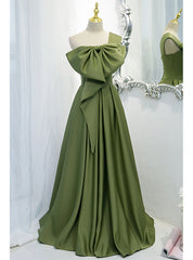 A-Line Green Satin One Shoulder Prom Dresses With Bow