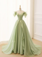 A-Line Green Tulle Long Prom Dresses, Green Tulle Long Formal Dresses