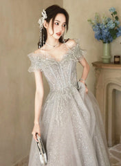 A-line Grey Shiny Tulle Off Shoulder Party Dresses, Grey Beaded Prom Dresses Evening Dresses