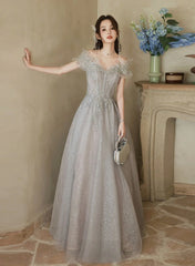 A-line Grey Shiny Tulle Off Shoulder Party Dresses, Grey Beaded Prom Dresses Evening Dresses