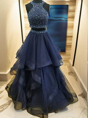 A-line Halter Beading Floor-Length Tulle Dresses