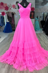 A line Illusion V Neck Layers Tulle Prom Dress